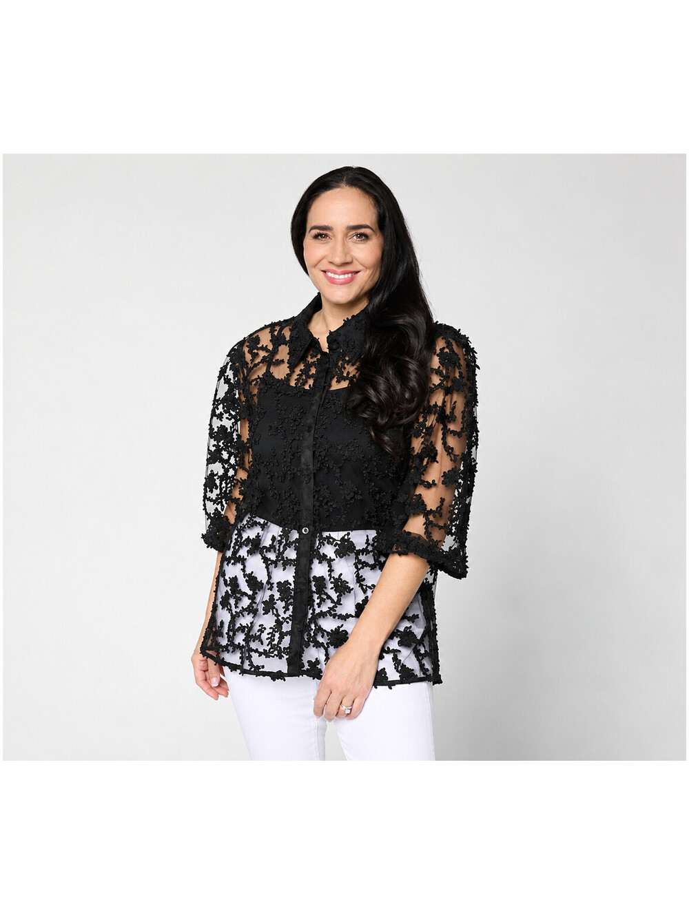 Dennis Basso Texture Knit Mesh Collared Button Front Shrug Black, Regular Medium